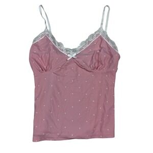 Y2K Body Touch Baby Pink Polka Dot Lace Cami Ribbed Tank Top Medium Coquette